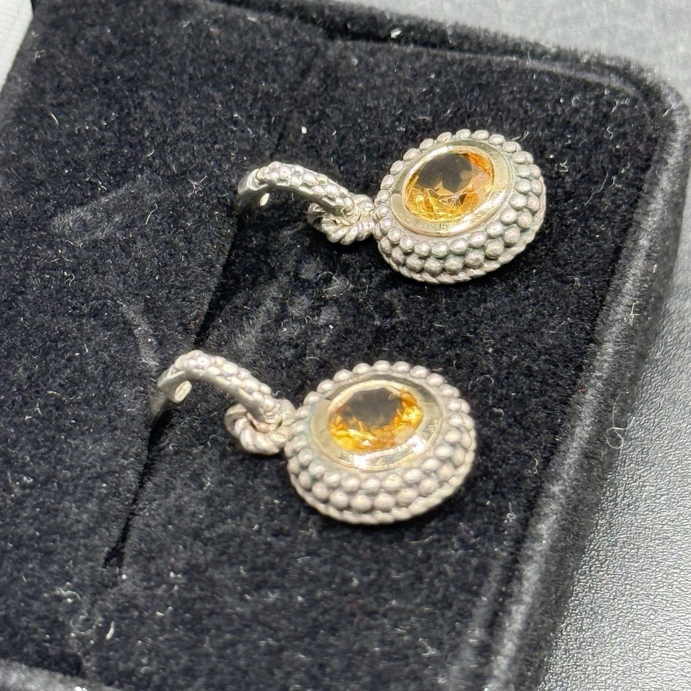 ATR 14K Gold 925 Sterling Silver Citrine Dangle Drop Earrings Caviar Beaded VTG - Picture 3 of 14